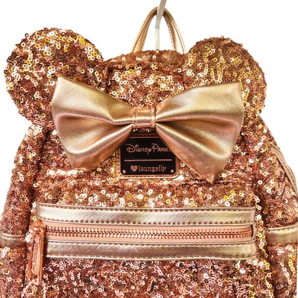 DISNEY PARKS Minnie Mouse Rose Gold Sequin Mini Backpack LOUNGEFLY - Picture 6 of 13